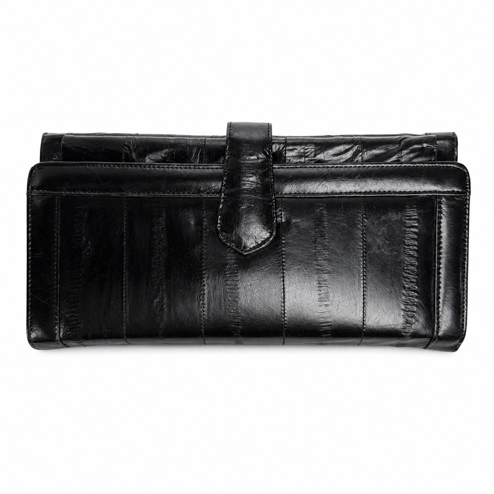 Vintage 80s Wallet Clutch Black Genuine Eel Skin Paneled Kiss Lock Korea Retro